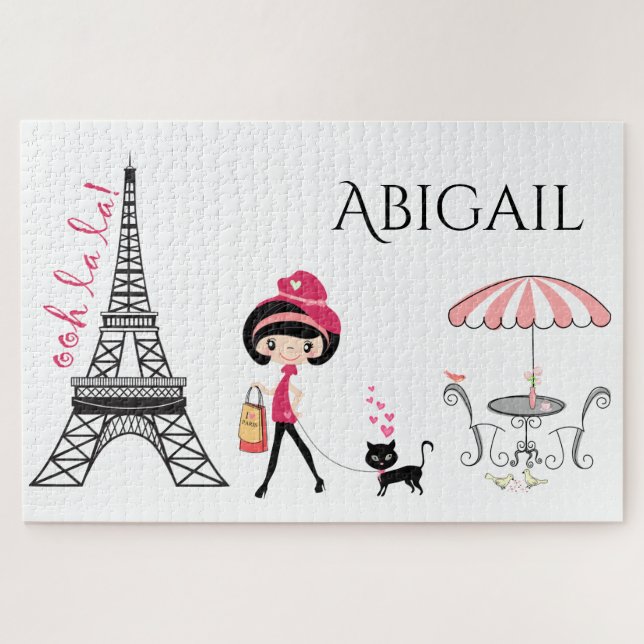 Personalised Cute Girl and Cat Eiffel Tower Paris Jigsaw Puzzle (Horizontal)
