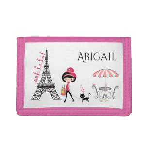 Personalised Cute Girl and Cat Eiffel Tower Paris Trifold Wallet