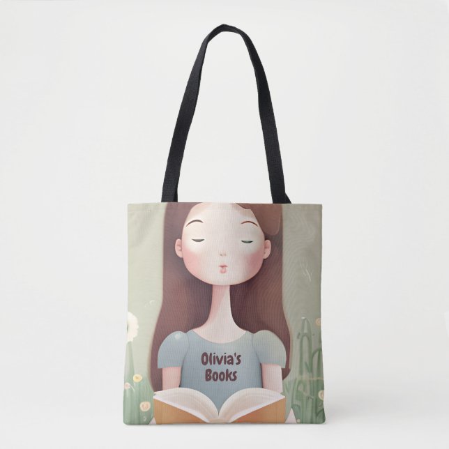 Personalised Cute Girl Reading Book Bag Tote Bag (Front)