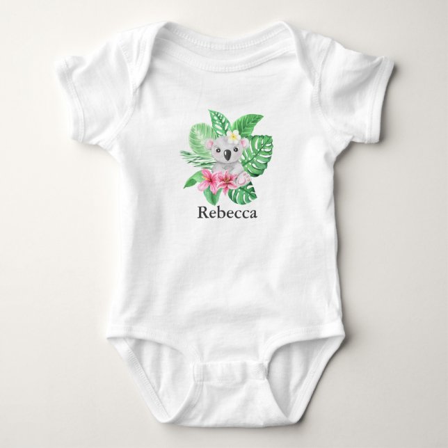 Personalised Cute Girls KoalaTropical Flowers Baby Bodysuit (Front)