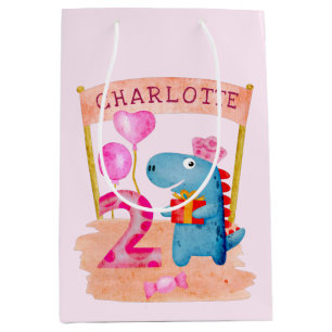 Personalised Cute Girly Dinosaur 2 Years Birthday Medium Gift Bag