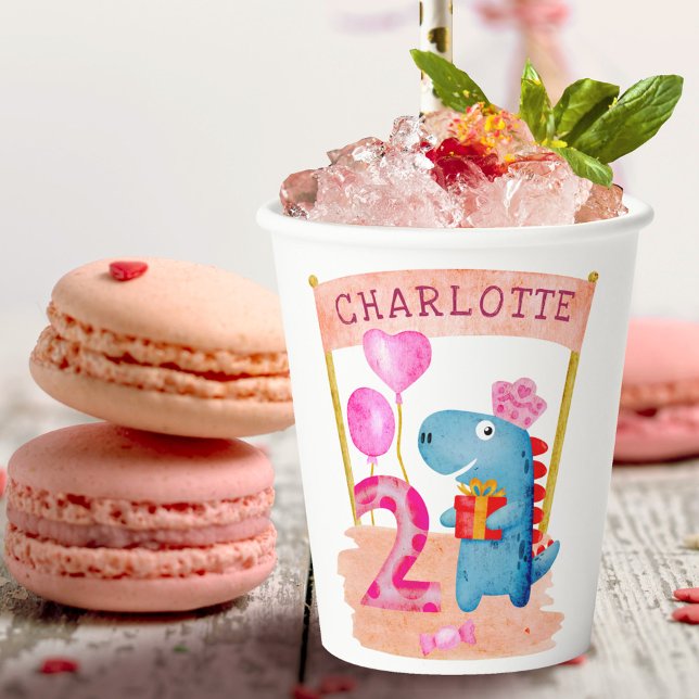 Personalised Cute Girly Dinosaur 2 Years Birthday Paper Cups (Creator Uploaded)