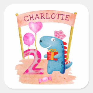 Personalised Cute Girly Dinosaur 2 Years Birthday Square Sticker