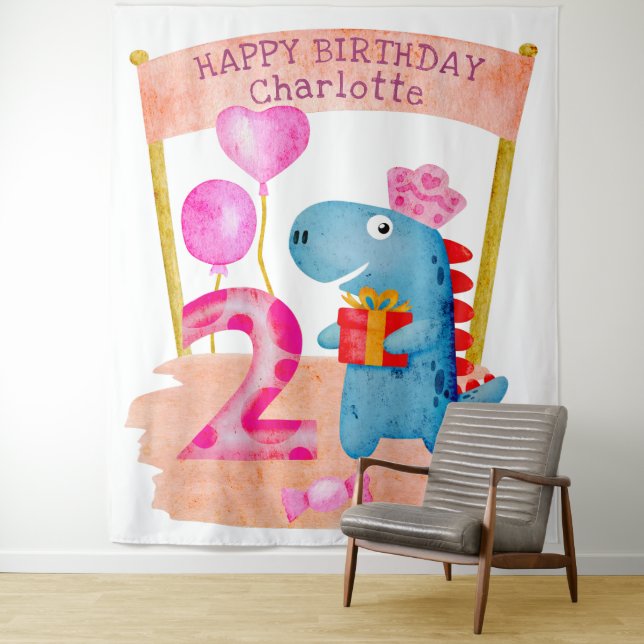 Personalised Cute Girly Dinosaur 2 Years Birthday Tapestry (In Situ)