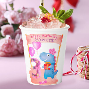 Personalised Cute Girly Dinosaur 3 Years Birthday Paper Cups