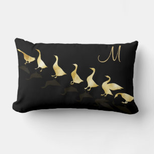 Personalised Cute Gold Foil Geese Black Lumbar Cushion