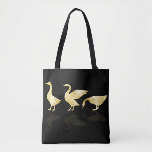 Personalised Cute Gold Foil Geese Black Tote Bag
