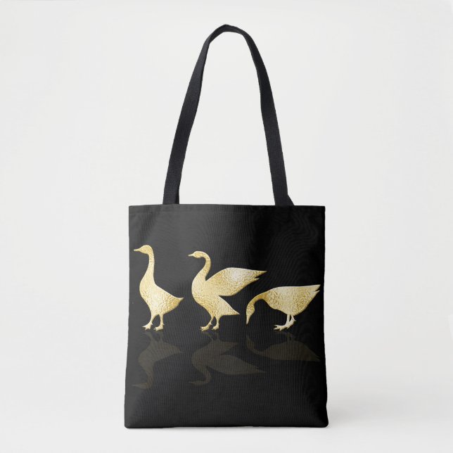Personalised Cute Gold Foil Geese Black Tote Bag (Front)