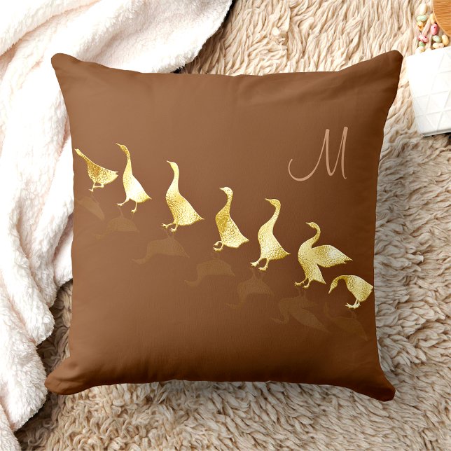 Personalised Cute Gold Foil Geese Cinnamon Brown Lumbar Cushion (Creator Uploaded)