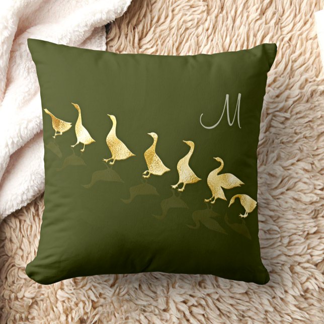 Personalised Cute Gold Foil Geese Dark Sage Green Lumbar Cushion (Creator Uploaded)
