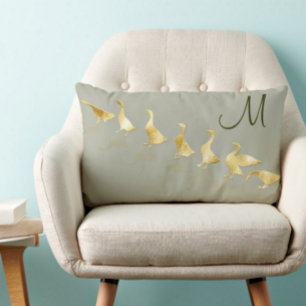 Personalised Cute Gold Foil Geese Pale Sage Green Lumbar Cushion