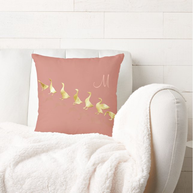 Personalised Cute Gold Foil Geese Rosy Pink Lumbar Cushion (Creator Uploaded)