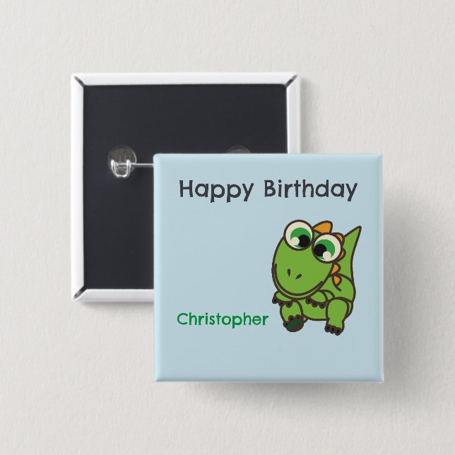 Personalised cute green dinosaurs blue birthday 15 cm square badge (Front & Back)