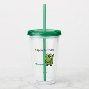 Personalised cute green dinosaurs blue birthday acrylic tumbler
