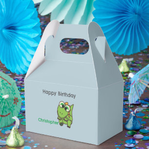 Personalised cute green dinosaurs blue birthday favour box