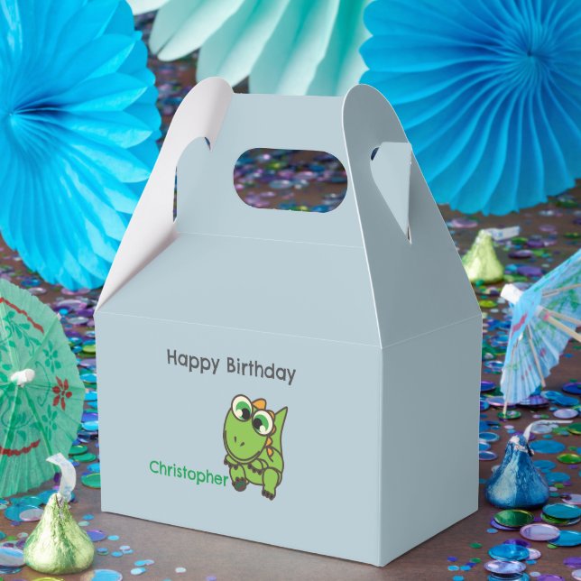 Personalised cute green dinosaurs blue birthday favour box (Party)