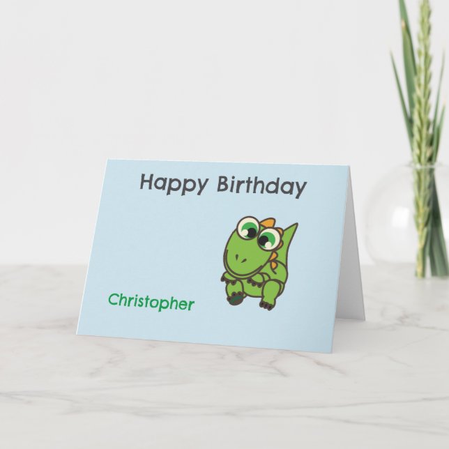 Personalised cute green dinosaurs blue birthday thank you card (Front)