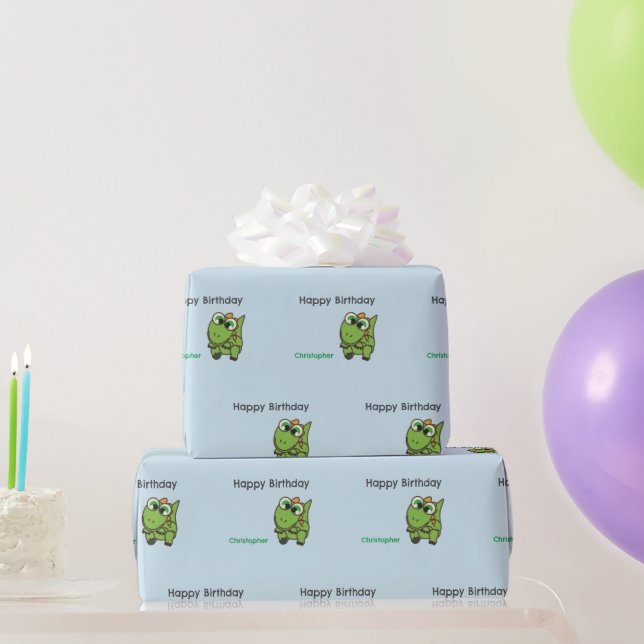 Personalised cute green dinosaurs blue birthday wrapping paper (Party Gifts)