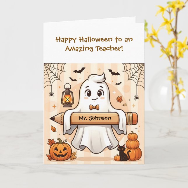 Personalised Cute Halloween Ghost Teacher Greeting Card (Yellow Flower)