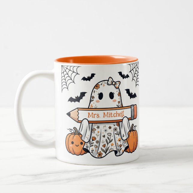 Personalised Cute Halloween Ghost Teacher Mug (Left)
