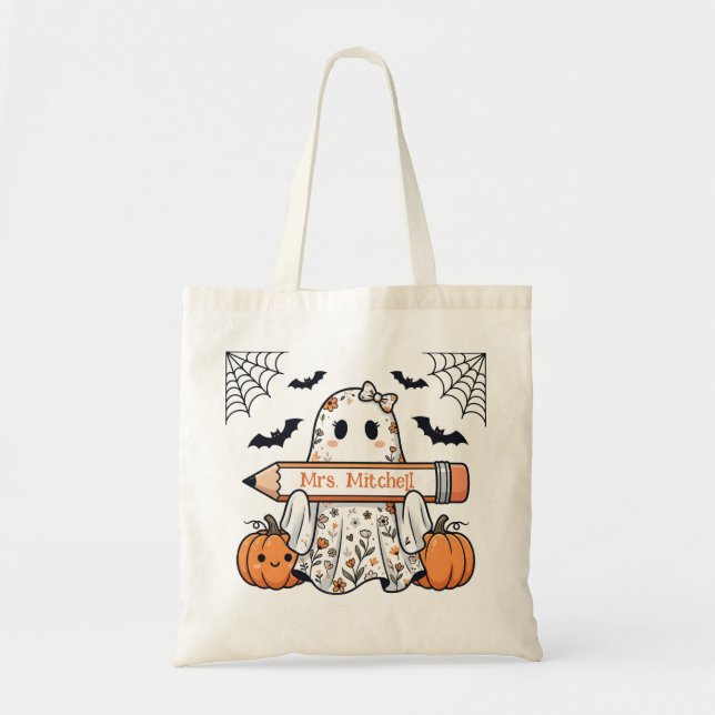 Personalised Cute Halloween Ghost Teacher Tote Bag (Front)