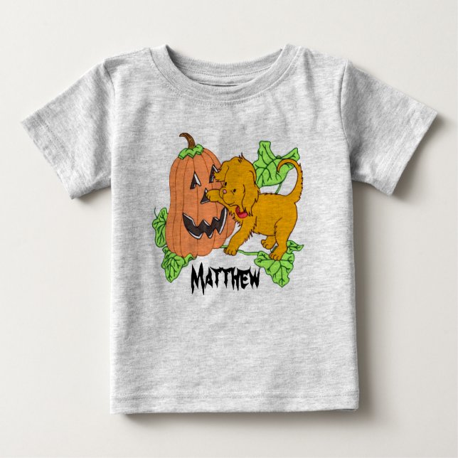 Personalised Cute Halloween Pumpkin And Puppy Baby T-Shirt (Front)