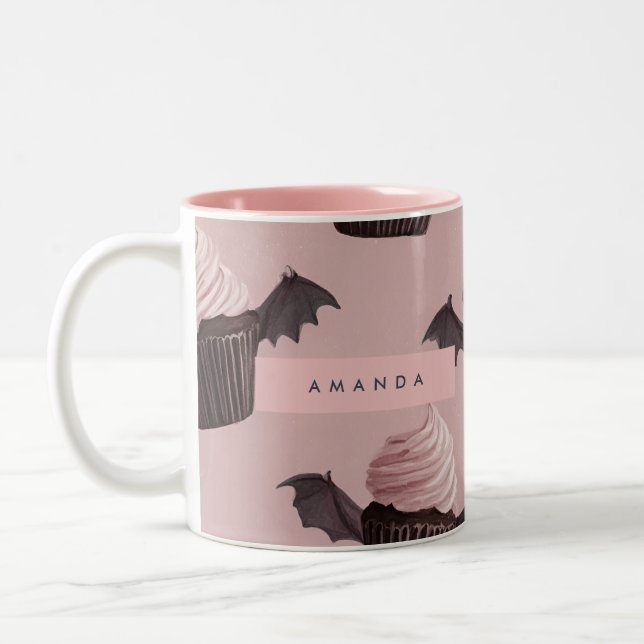 Personalised Cute Halloween Spooky Bat Cupcake Two-Tone Coffee Mug (Left)