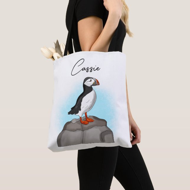 Personalised Cute Hand drawn Puffin Tote Bag (Close Up)
