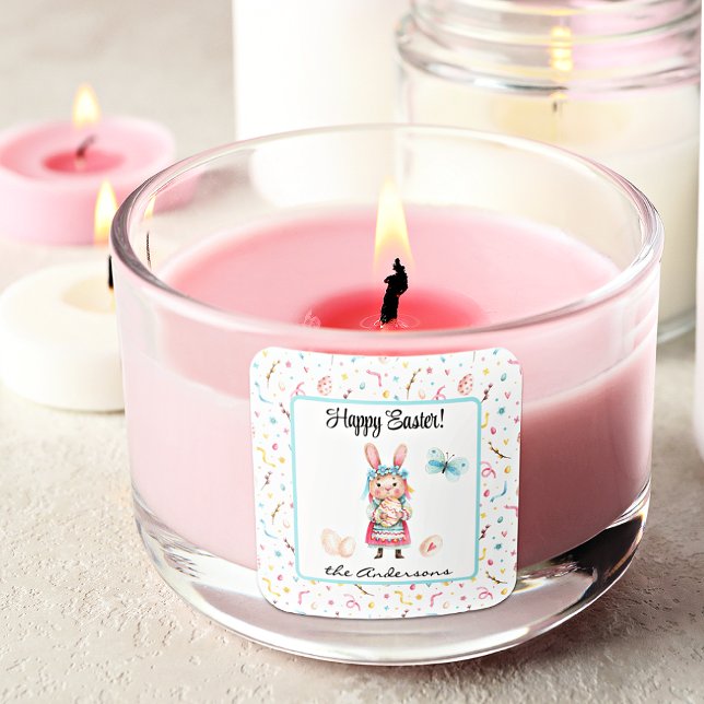 Personalised Cute Happy Easter Miss Bunny 1.5" Square Sticker (Creator Uploaded)