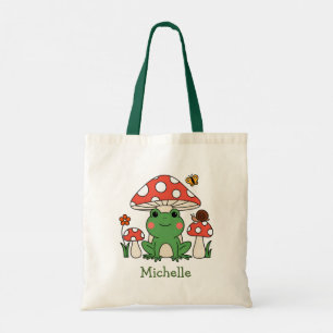 Personalised Cute Happy Green Frog and Mushrooms Tote Bag