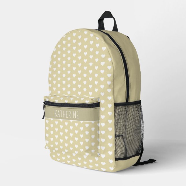 Personalised Cute Hearts Pattern Tan Shade Printed Backpack (Back Corner Right)