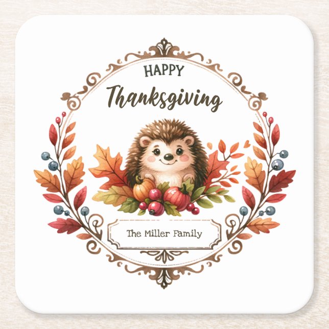Personalised Cute Hedgehog Happy Thanksgiving  Square Paper Coaster (Front)