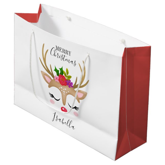 Personalised Cute Holiday Reindeer Face Christmas Large Gift Bag (Front Angled)