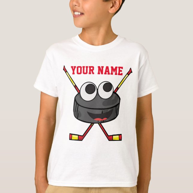 Personalised cute Ice Hockey puck and sticks T-Shirt (Front)