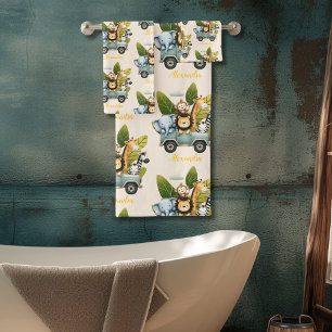 Personalised Cute Jungle Animals Kids Bath Towel Set