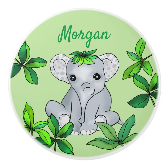 Personalised Cute Jungle Baby Elephant with Leaves Ceramic Knob (Front)