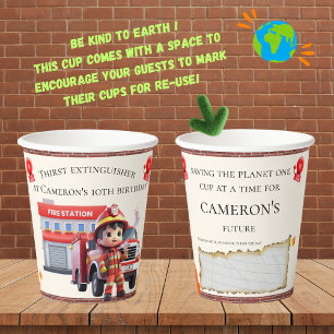 Personalised Cute Kawaii Boy Firefighter Birthday Paper Cups