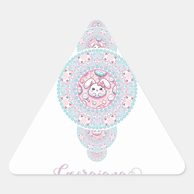 Personalised Cute Kawaii Bunny Ornamental Mandala Triangle Sticker (Front)