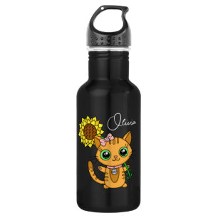Personalised Cute Kawaii Cat Holding Flower   532 Ml Water Bottle