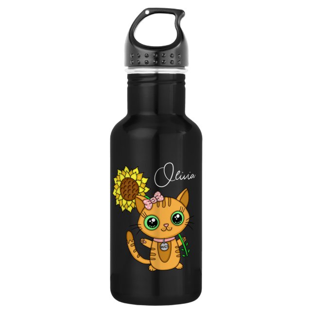 Personalised Cute Kawaii Cat Holding Flower   532 Ml Water Bottle (Front)