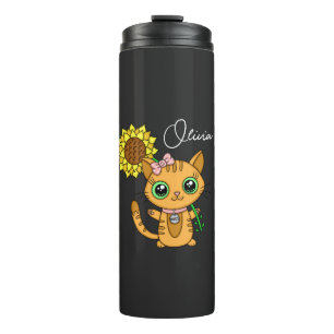 Personalised Cute Kawaii Cat Holding Flower Thermal Tumbler
