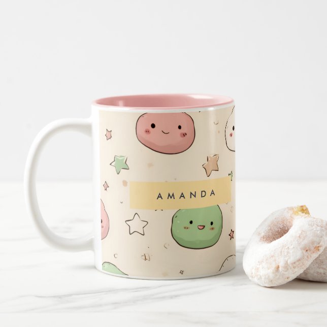 Personalised Cute Kawaii Mochi Pattern Two-Tone Coffee Mug (With Donut)