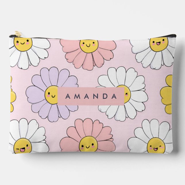 Personalised Cute Kawaii Pastel Daisy Flower Faces Accessory Pouch (Front)