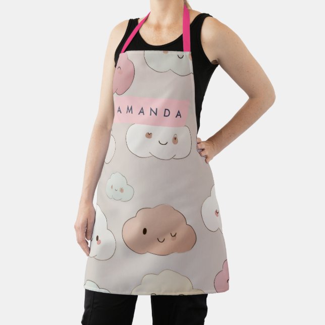 Personalised Cute Kawaii Pastel Smiling Clouds Apron (Insitu)