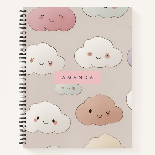 Personalised Cute Kawaii Pastel Smiling Clouds Notebook (Front)