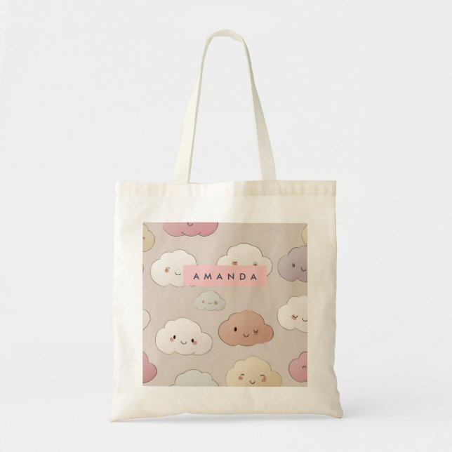 Personalised Cute Kawaii Pastel Smiling Clouds Tote Bag (Front)