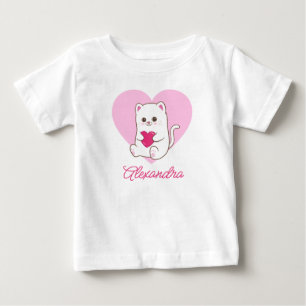 Personalised Cute Kawaii Pink Heart Cat Name Baby T-Shirt