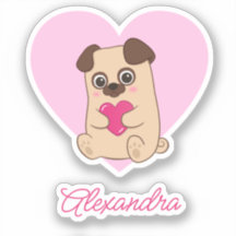 Personalised Cute Kawaii Pink Heart Pug Name