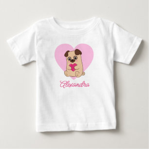 Personalised Cute Kawaii Pink Heart Pug Name Baby T-Shirt