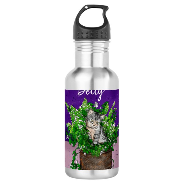 Personalised Cute Kitten in Catnip Pot   710 Ml Water Bottle (Front)